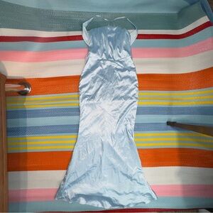 Marthea Blue Satin Ruched Sheath Dress Spaghetti Strap Prom